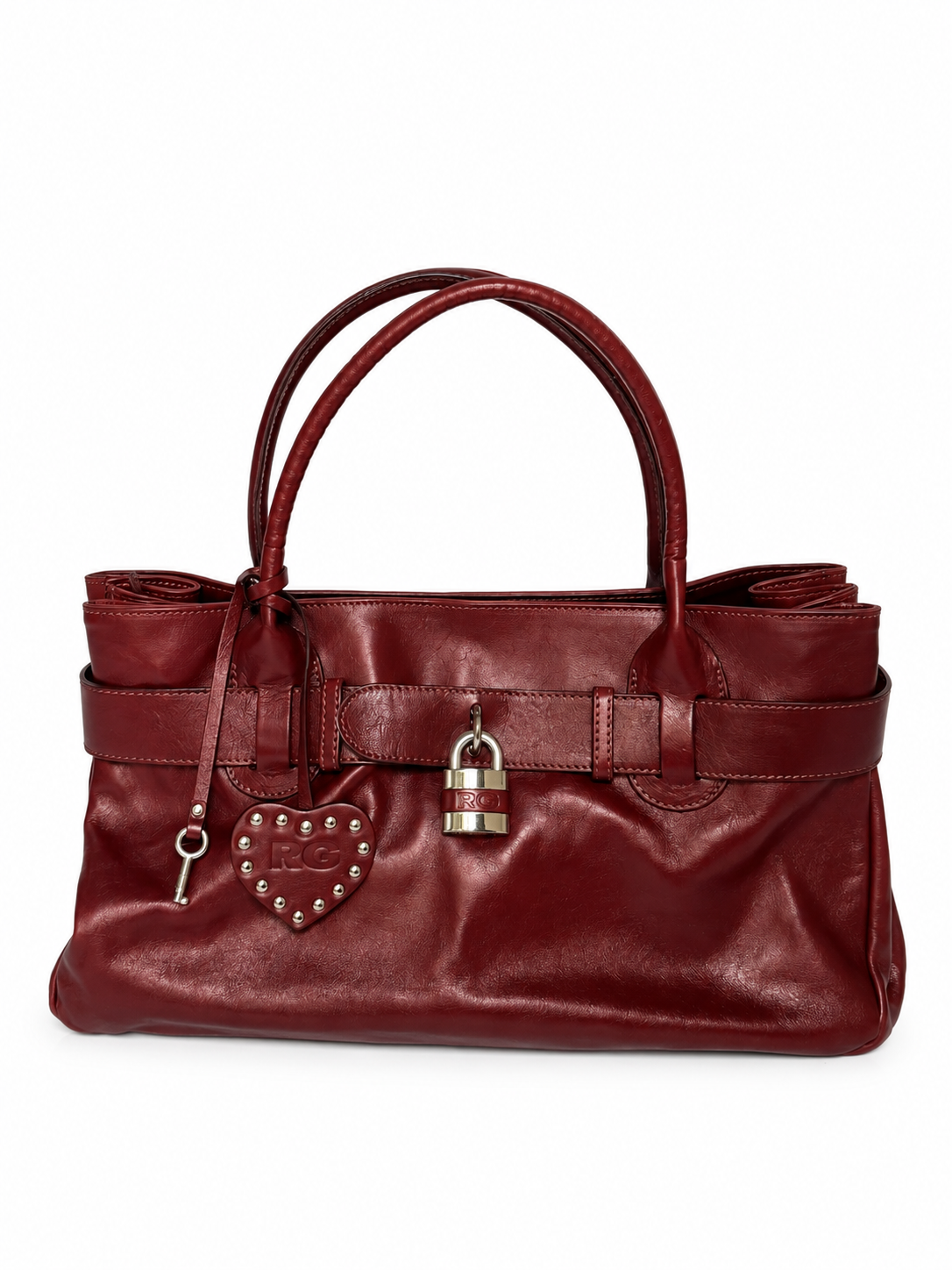 Wine Red Leather Tote with Belt Strap & Padlock Charm