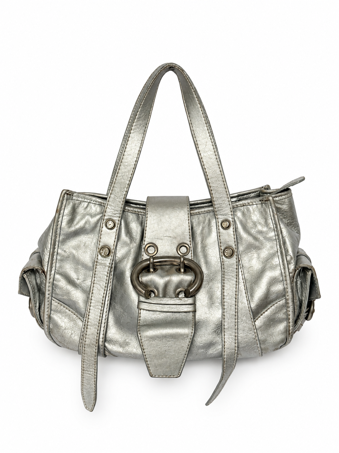 Metallic Silver Leather Bag with Ring Buckle Detail