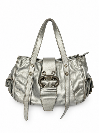 Metallic Silver Leather Bag with Ring Buckle Detail