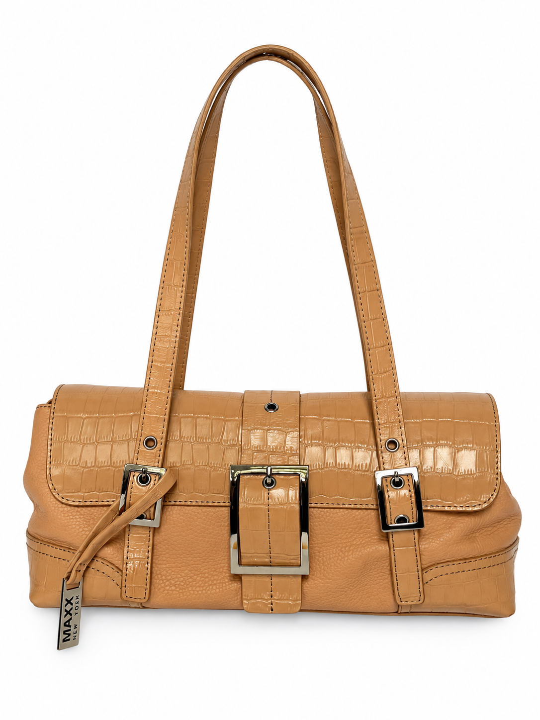 Salmon Pink Croc-Embossed Leather Shoulder Bag