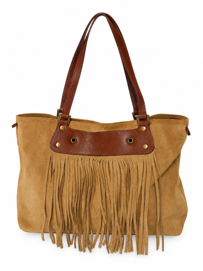 Tan Suede Fringe Tote Bag
