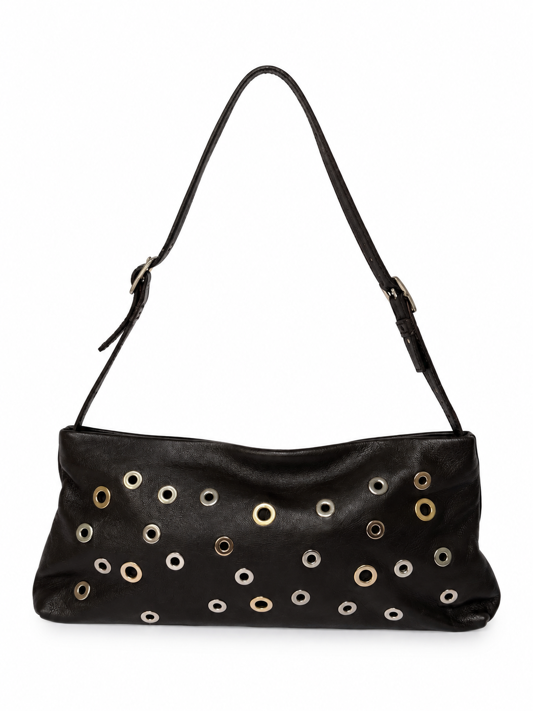 Dark Brown Leather Eyelet Grommet Shoulder Bag