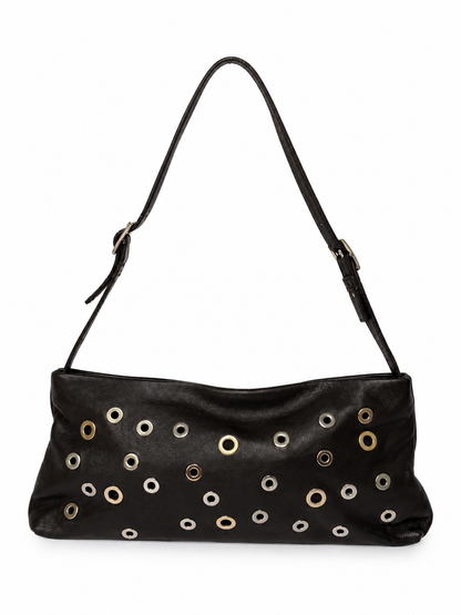 Dark Brown Leather Eyelet Grommet Shoulder Bag