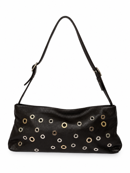 Dark Brown Leather Eyelet Grommet Shoulder Bag