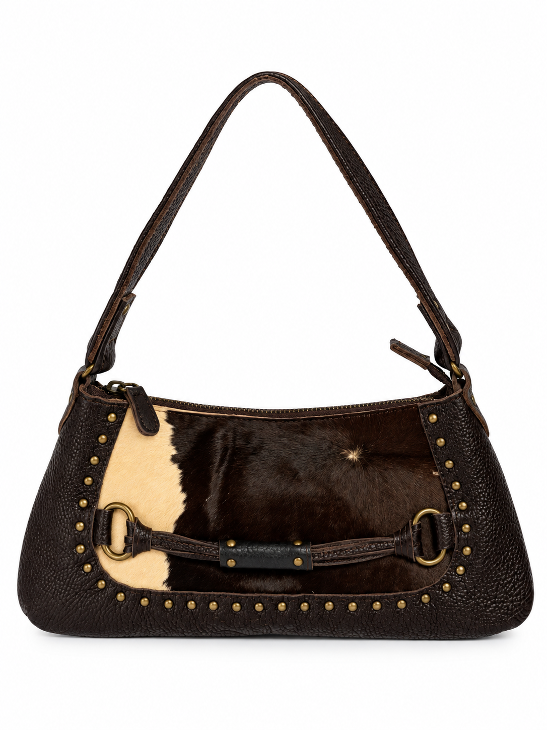 Leather & Cowhide Shoulder Bag with Equestrian Buckle Detail