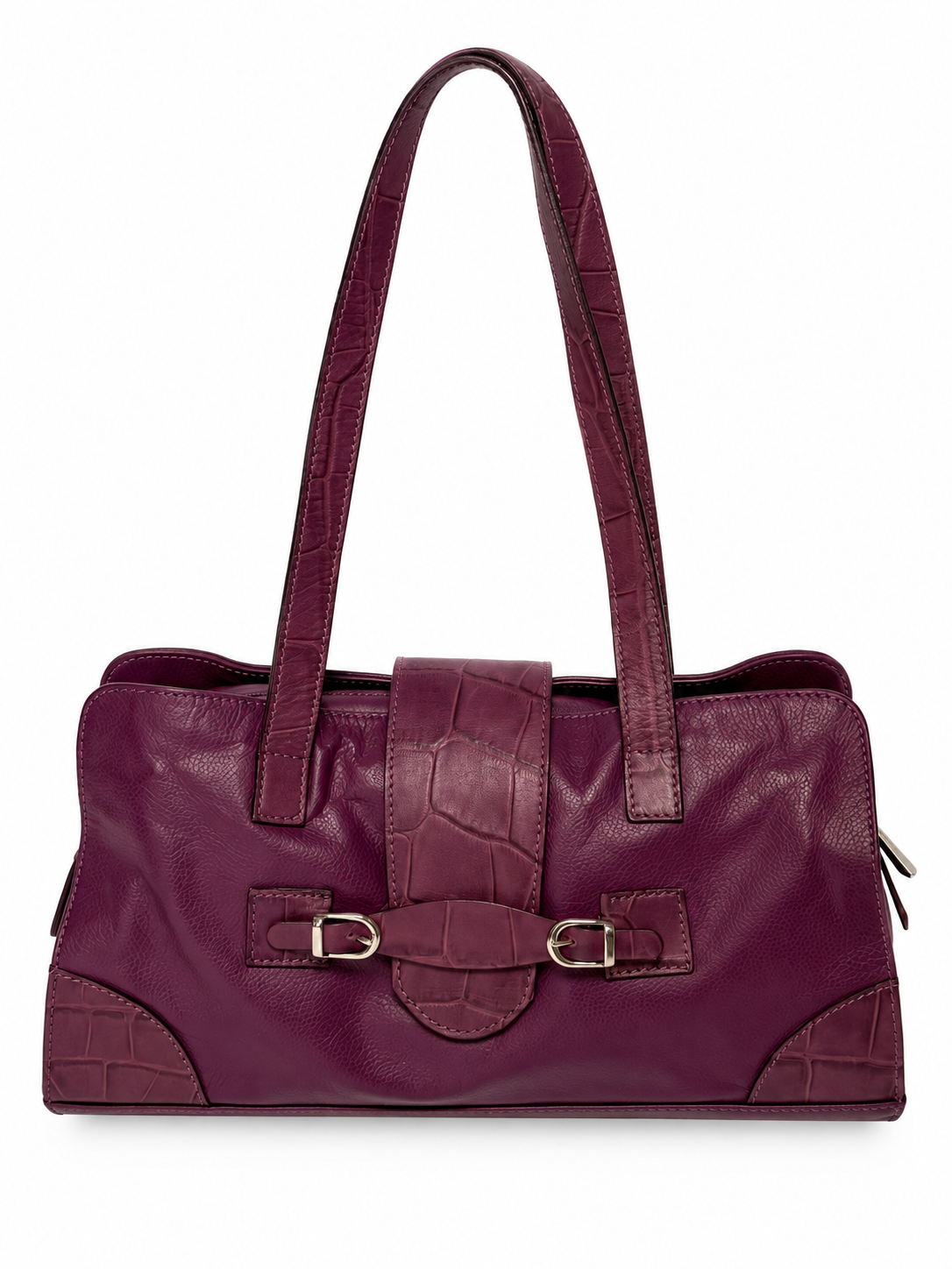Plum Leather Shoulder Bag with Croc-Embossed Trim