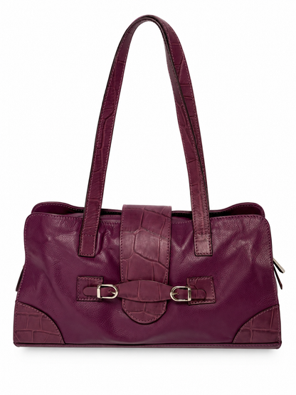 Plum Leather Shoulder Bag with Croc-Embossed Trim