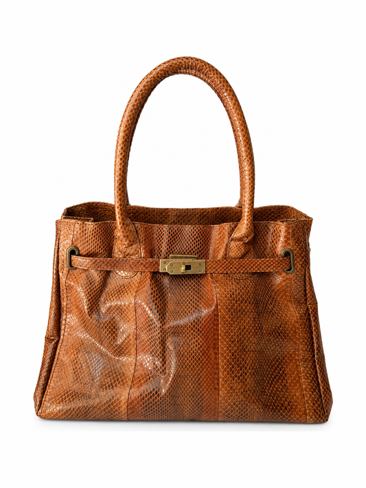 Tan Python Print Tote Bag with Belted Turn Lock Front