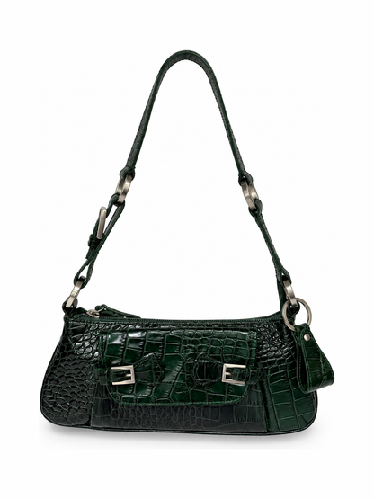 Dark Green Croc-Embossed Leather Baguette Shoulder Bag