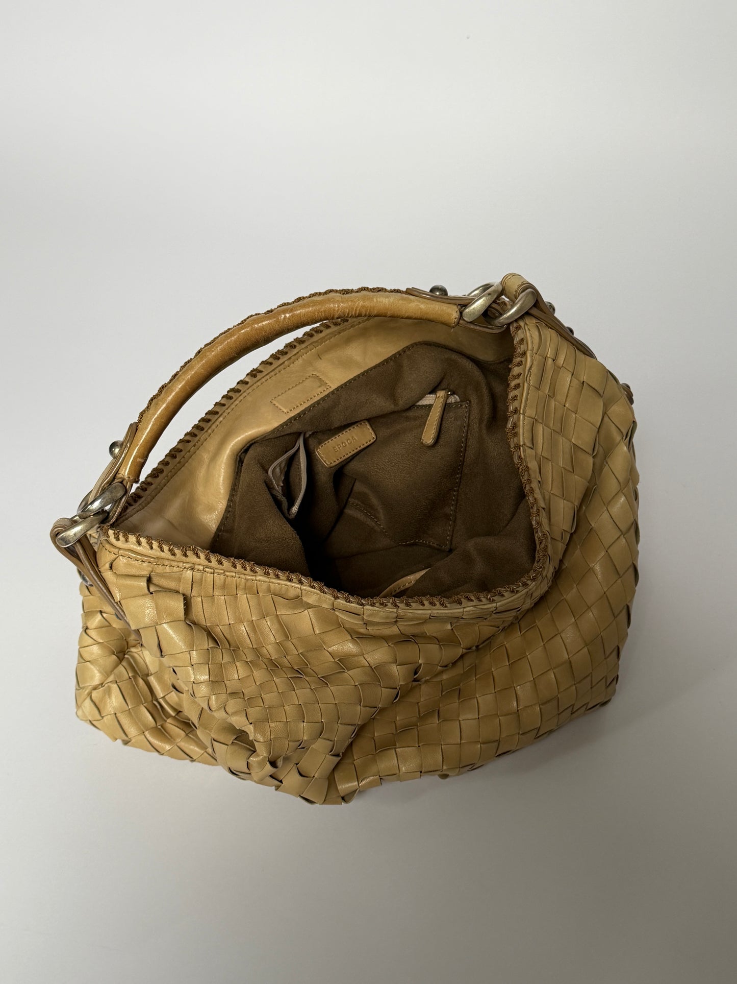 Epoca Woven Leather Hobo Bag in Sand Beige