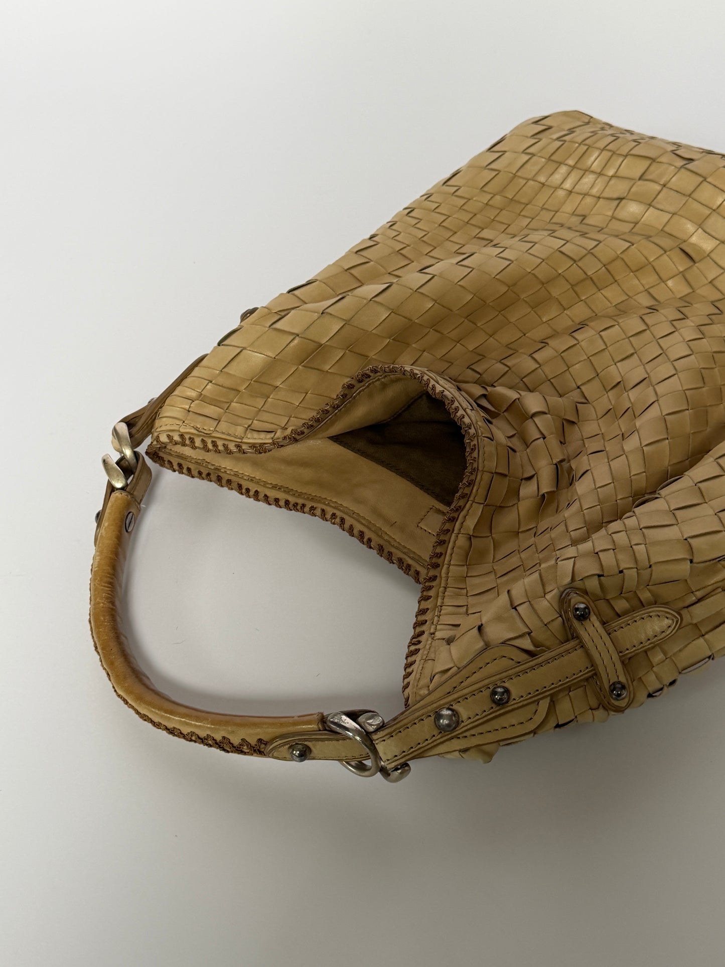 Epoca Woven Leather Hobo Bag in Sand Beige