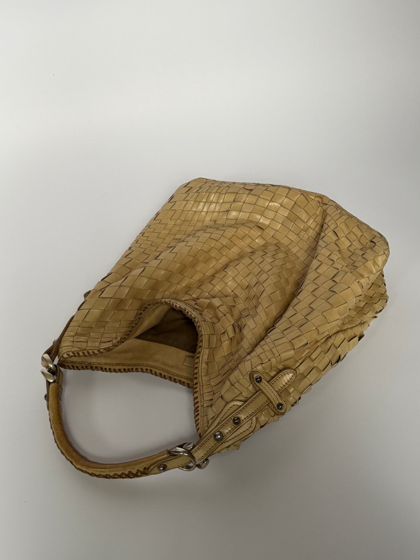 Epoca Woven Leather Hobo Bag in Sand Beige