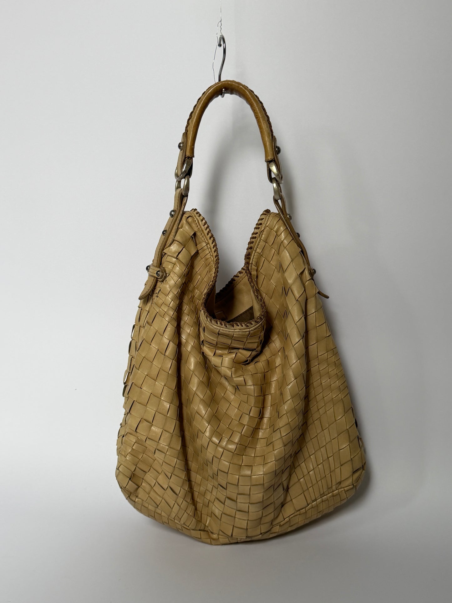 Epoca Woven Leather Hobo Bag in Sand Beige