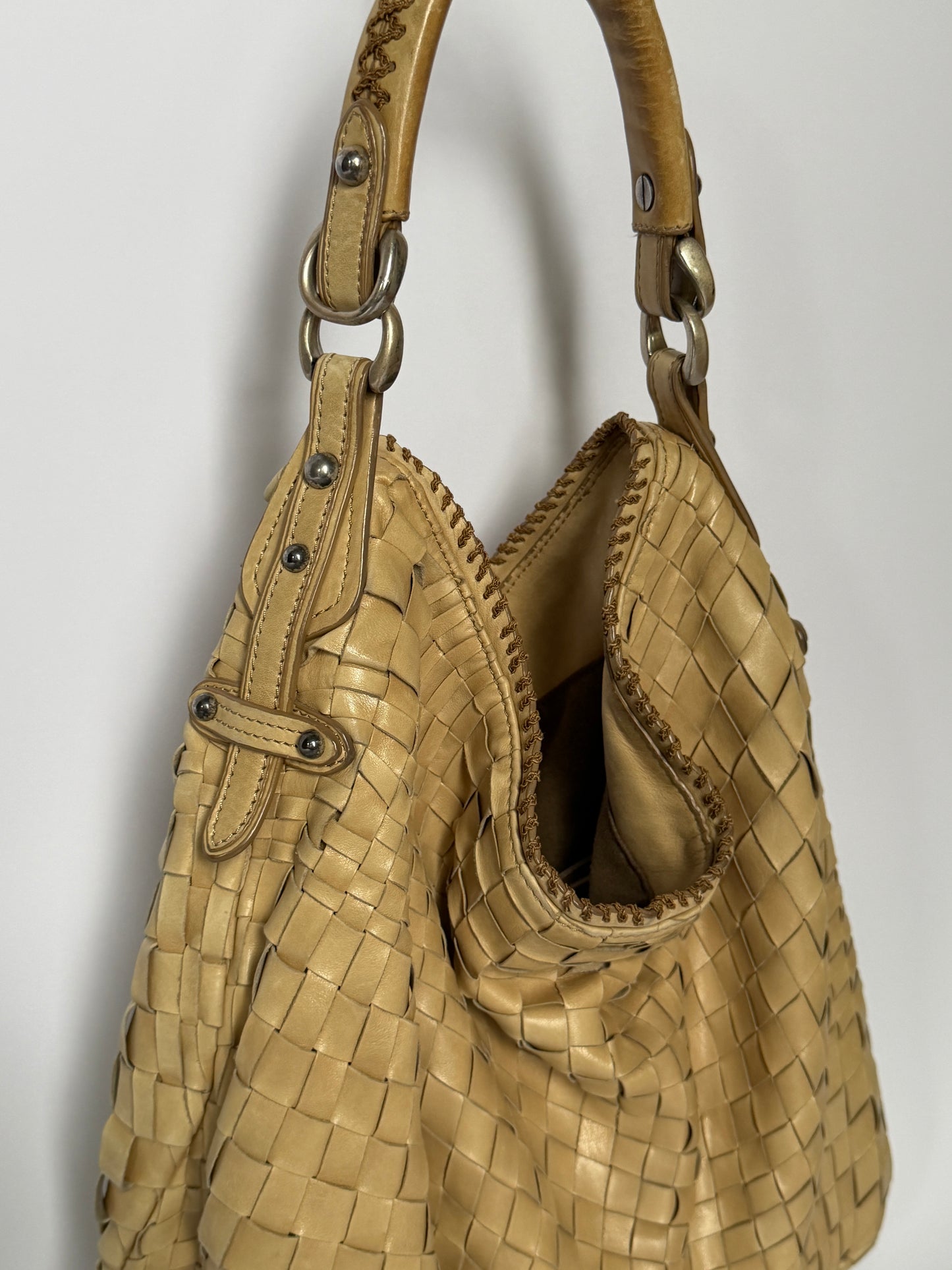 Epoca Woven Leather Hobo Bag in Sand Beige