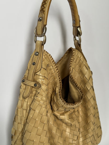 Epoca Woven Leather Hobo Bag in Sand Beige