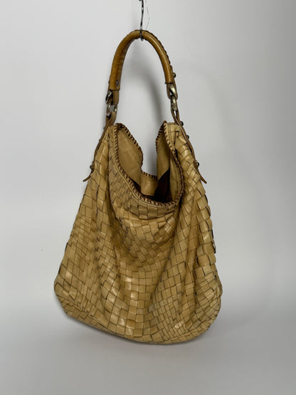 Epoca Woven Leather Hobo Bag in Sand Beige