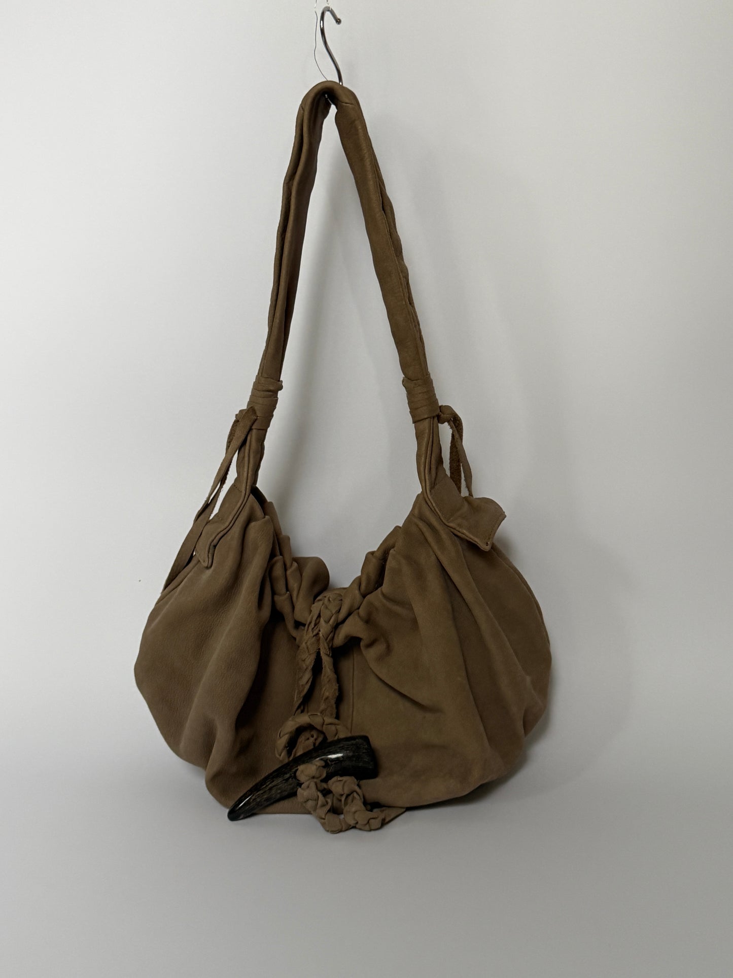 Taupe Leather Shoulder Bag — Horn Detail
