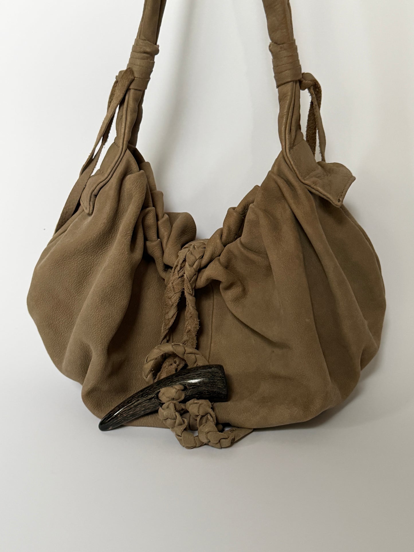 Taupe Leather Shoulder Bag — Horn Detail