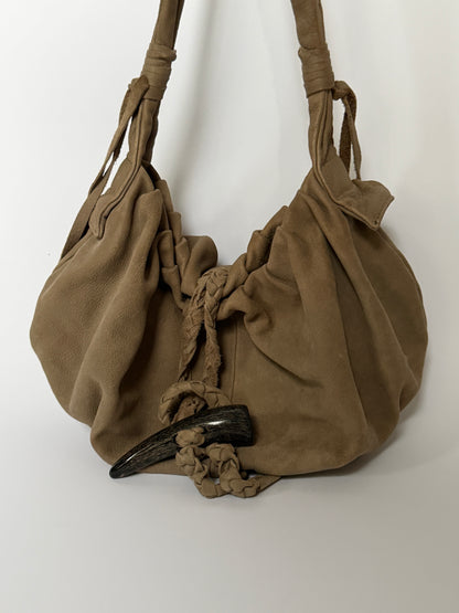 Taupe Leather Shoulder Bag — Horn Detail