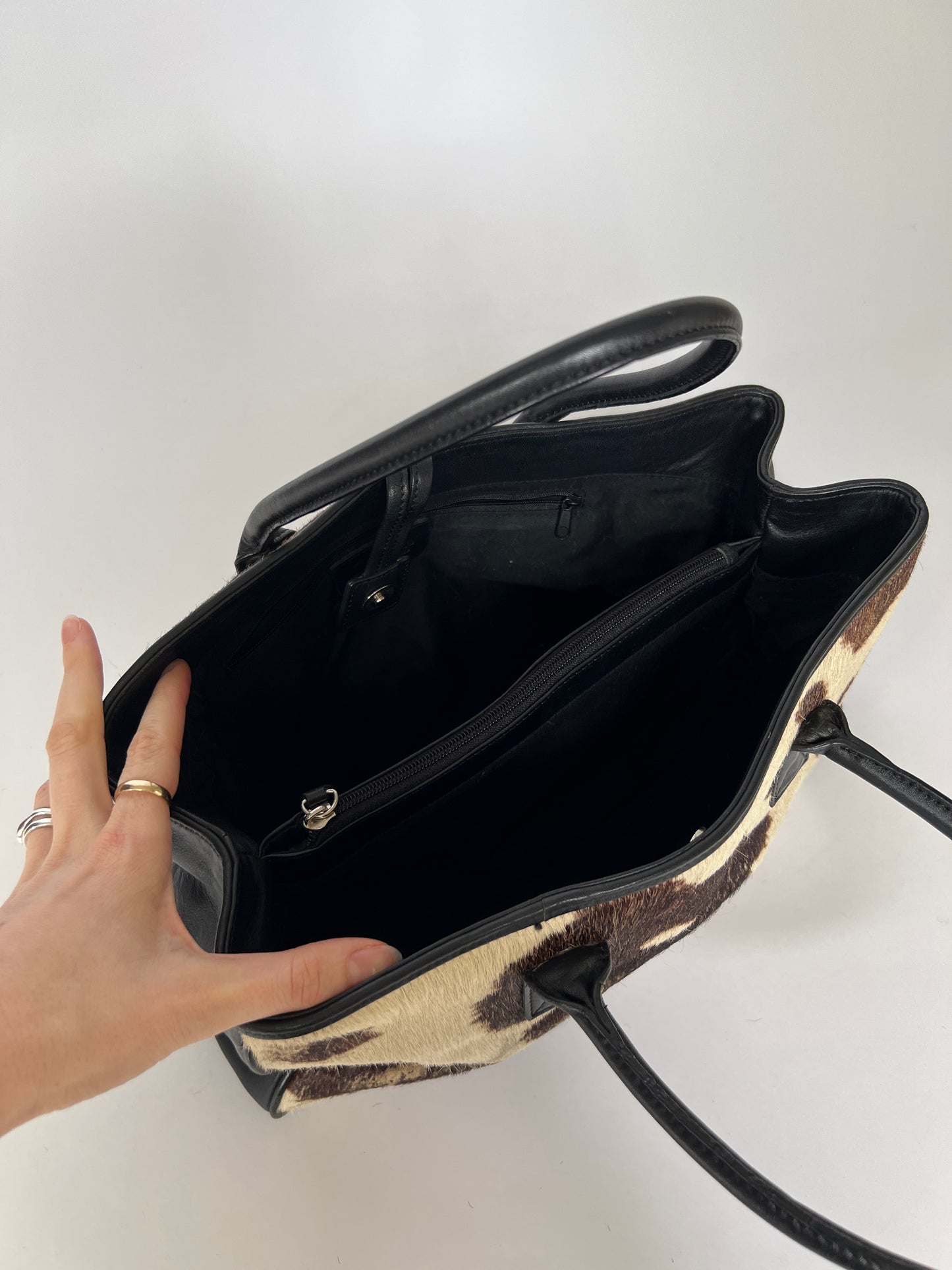 Distressed Cowhide Bag with Black Leather