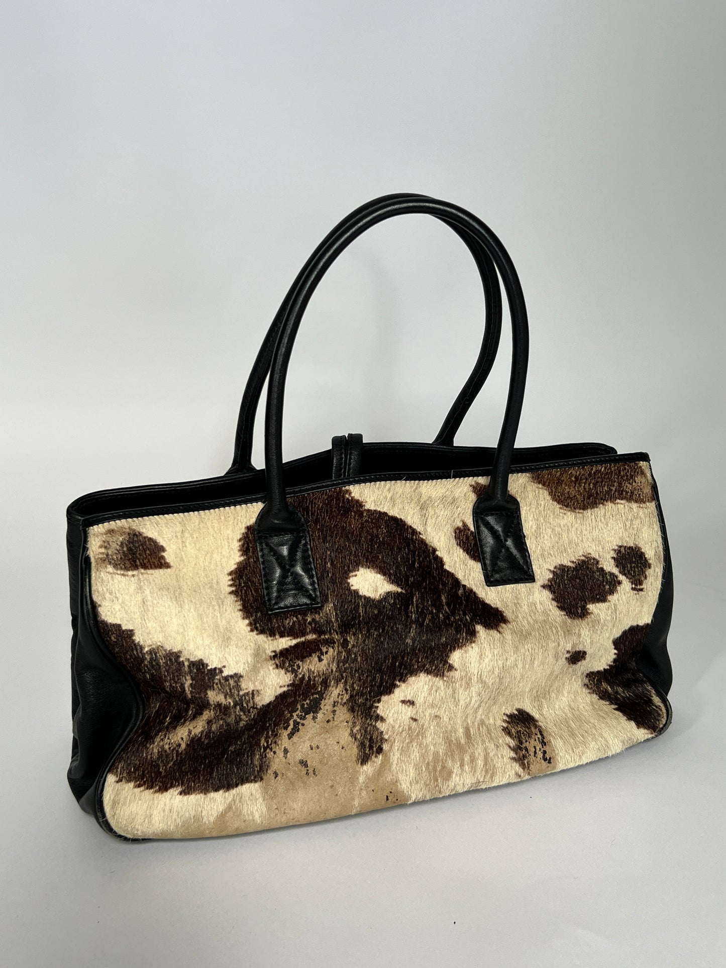 Distressed Cowhide Bag with Black Leather