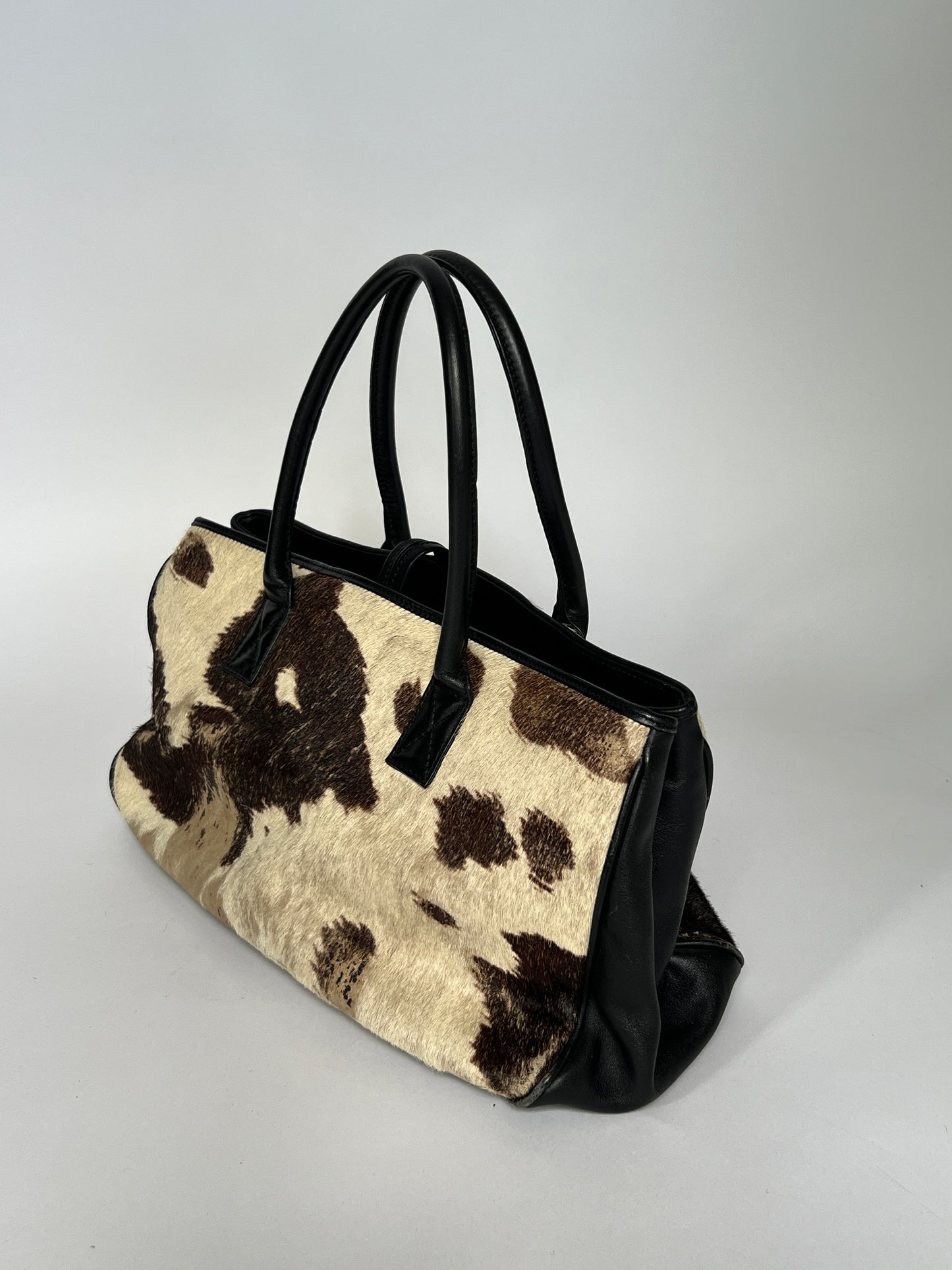 Distressed Cowhide Bag with Black Leather