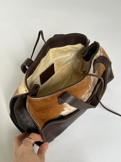 Distressed Cowhide Bag with Brown Leather
