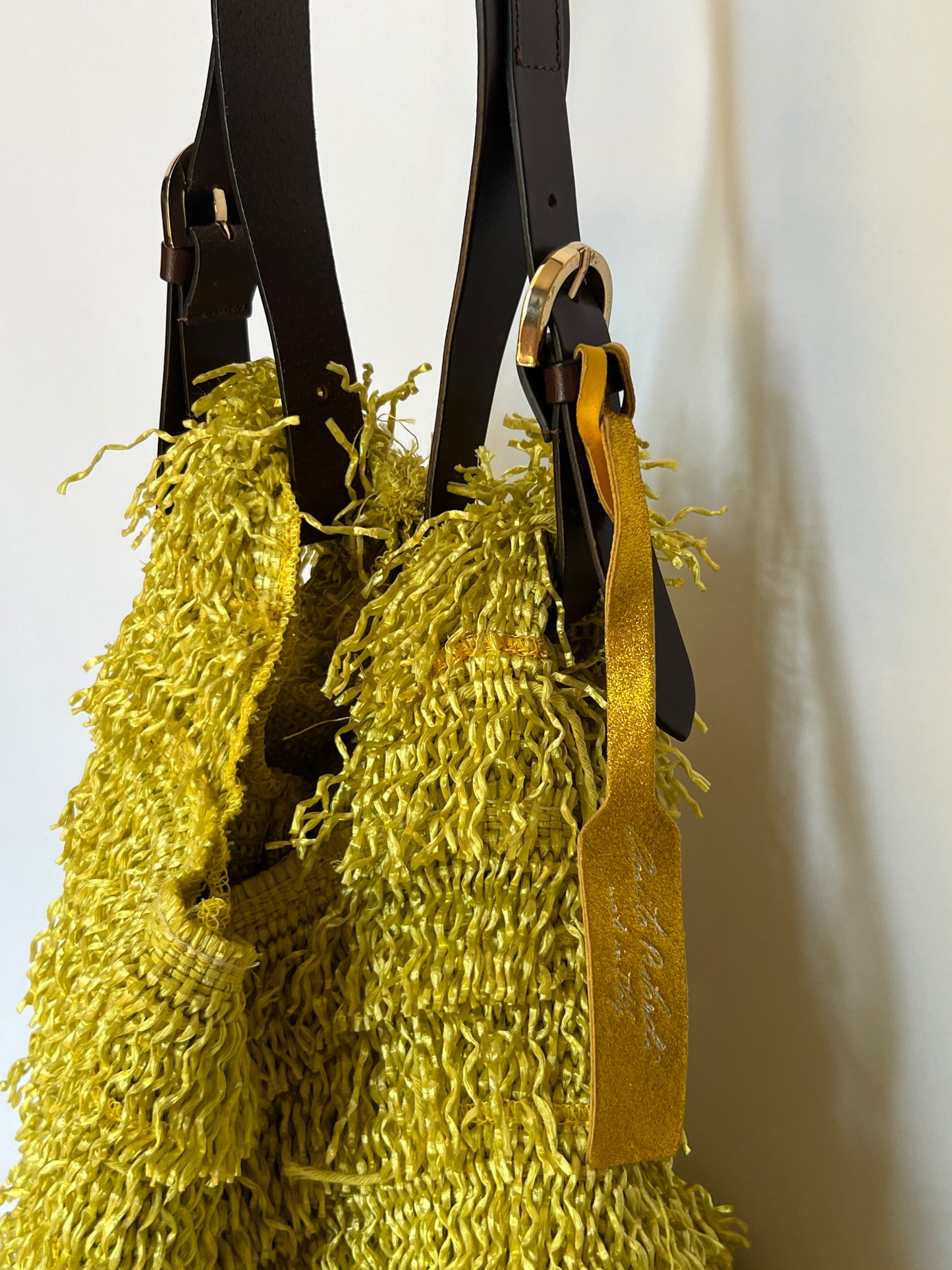 Italian Chartreuse Straw Fringe Bag — Leather Handle