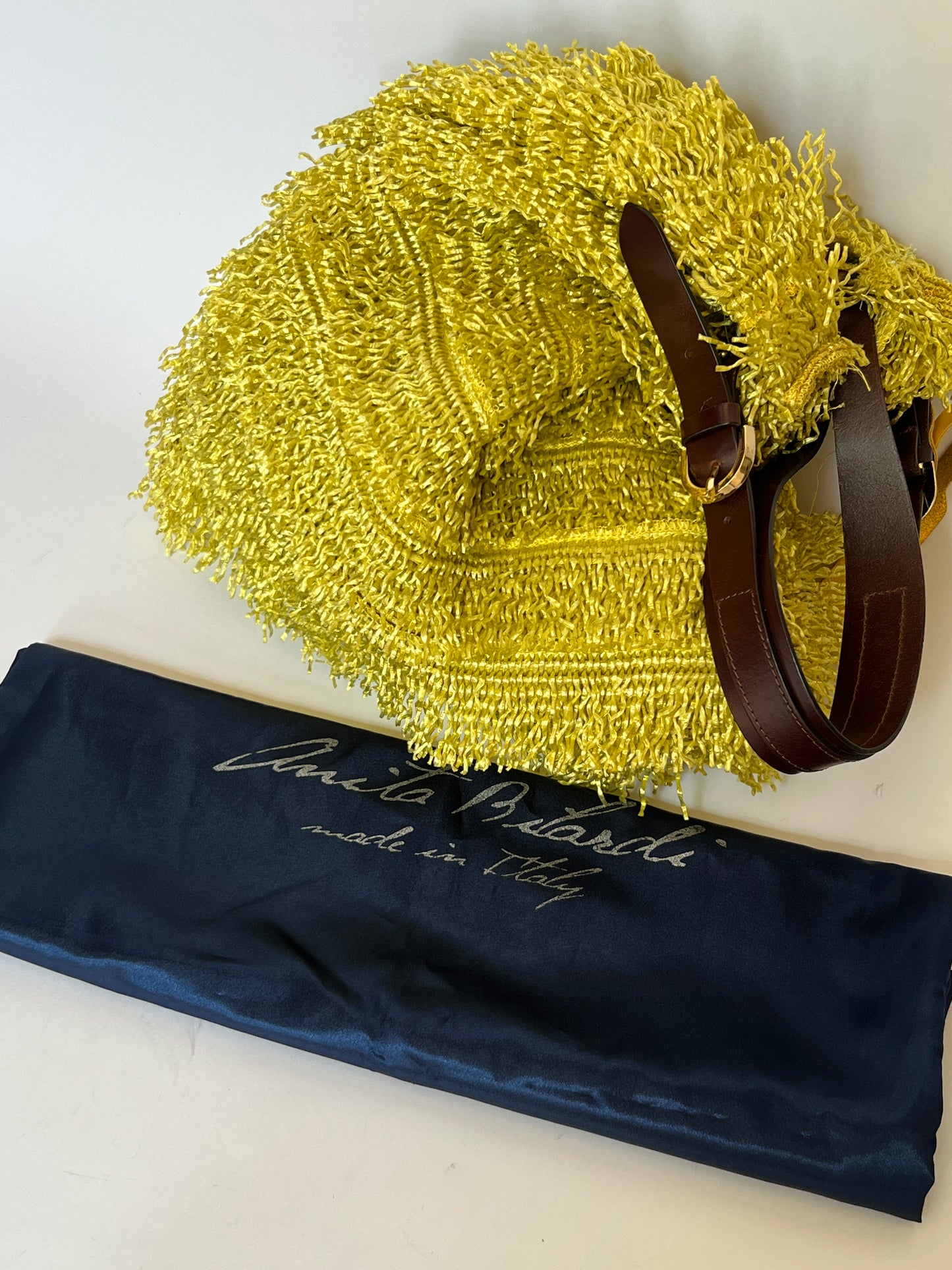 Italian Chartreuse Straw Fringe Bag — Leather Handle
