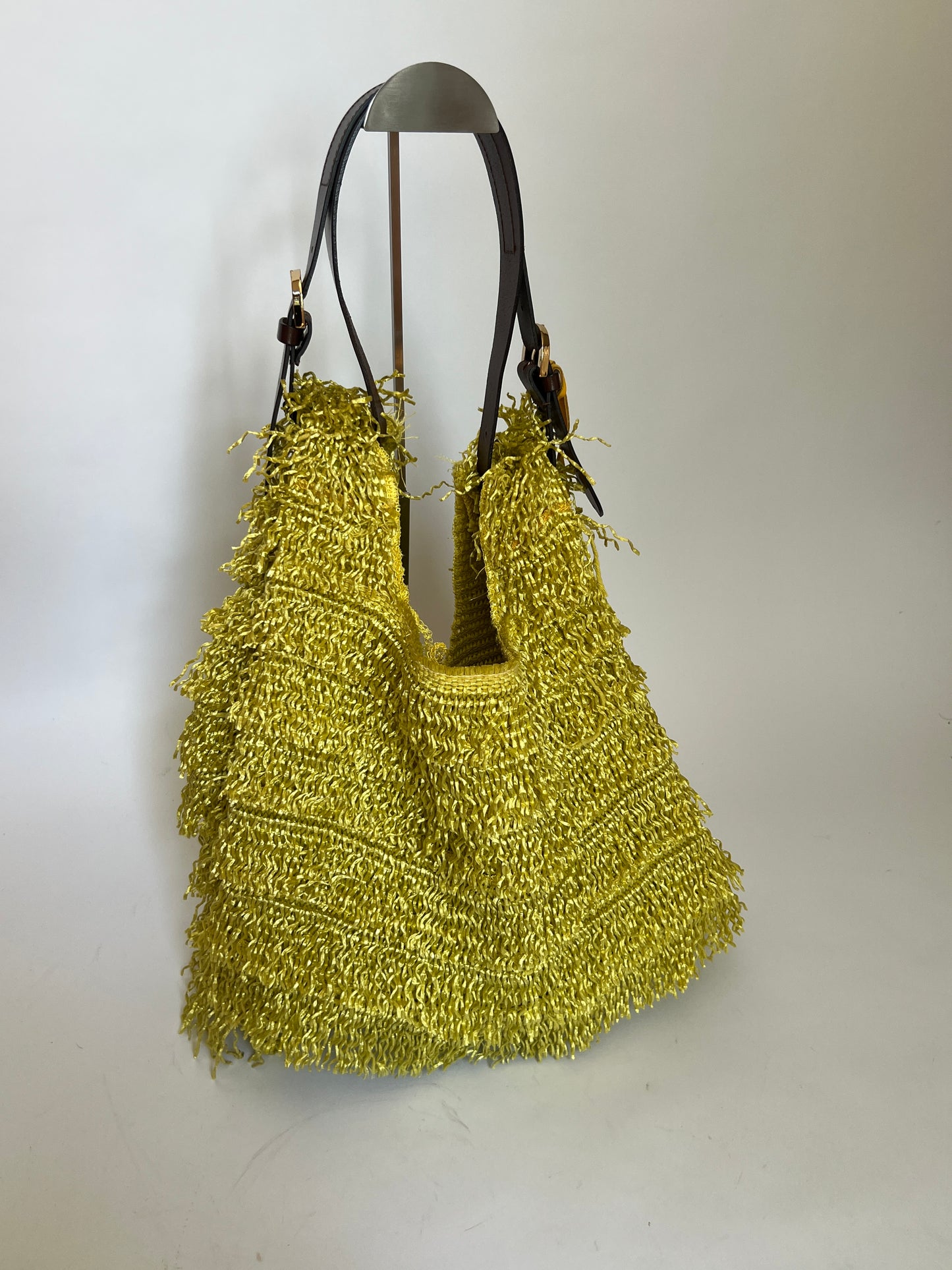 Italian Chartreuse Straw Fringe Bag — Leather Handle