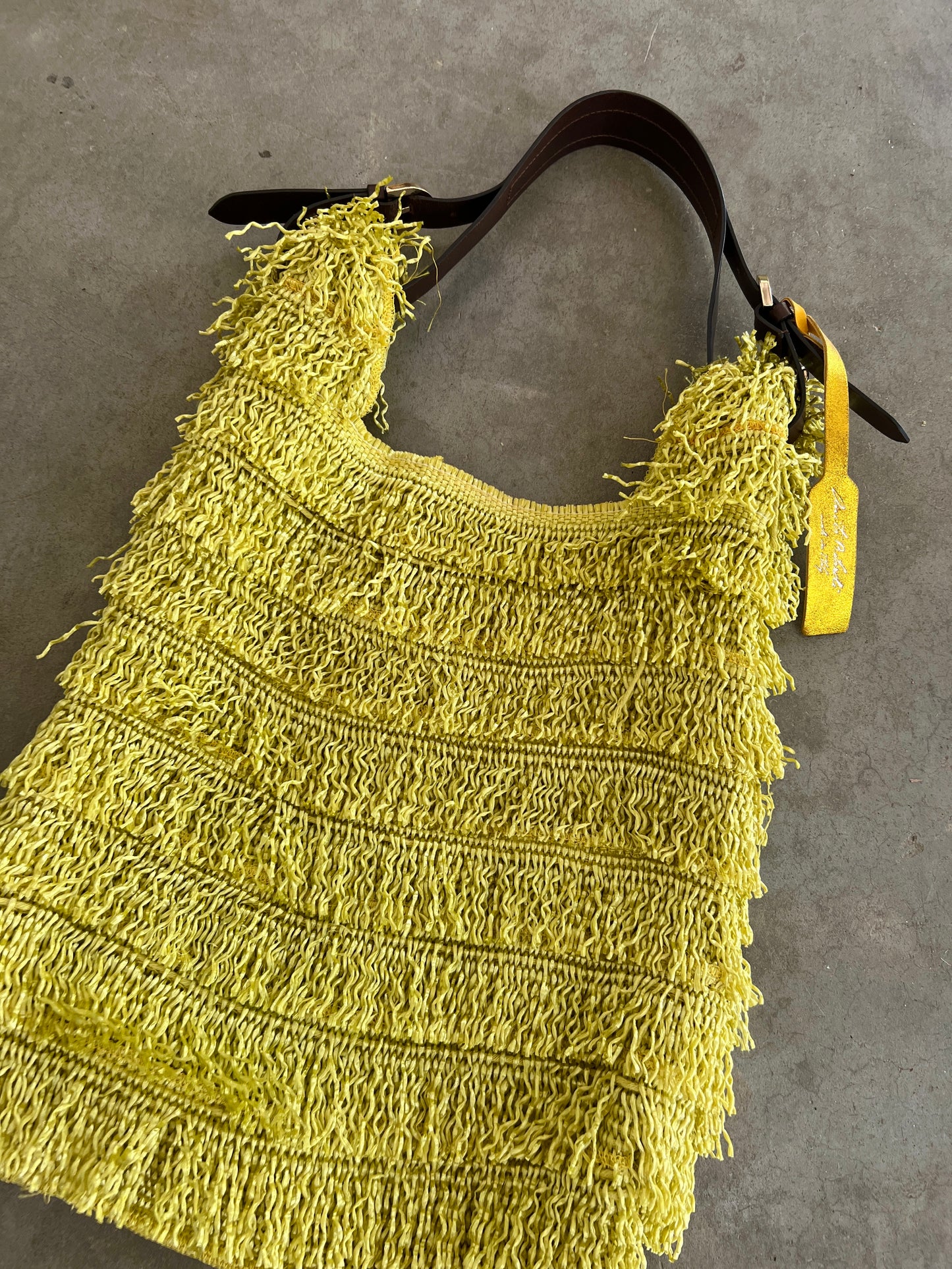 Italian Chartreuse Straw Fringe Bag — Leather Handle