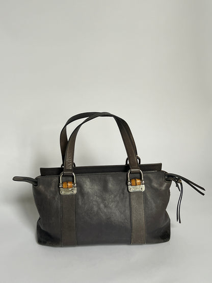 Gucci Bamboo Gunmetal Grey Leather Tote