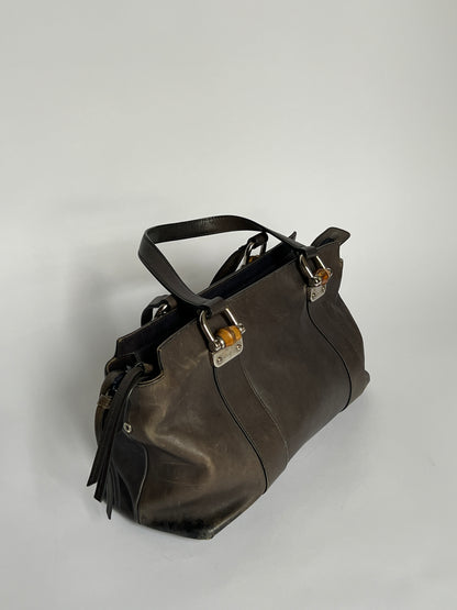 Gucci Bamboo Gunmetal Grey Leather Tote