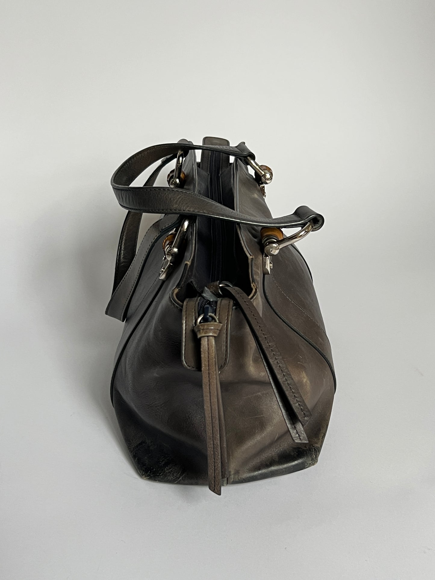Gucci Bamboo Gunmetal Grey Leather Tote