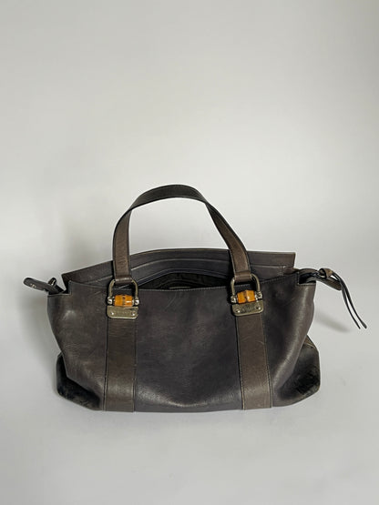 Gucci Bamboo Gunmetal Grey Leather Tote