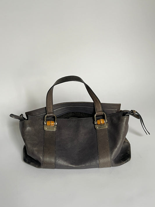 Gucci Bamboo Gunmetal Grey Leather Tote