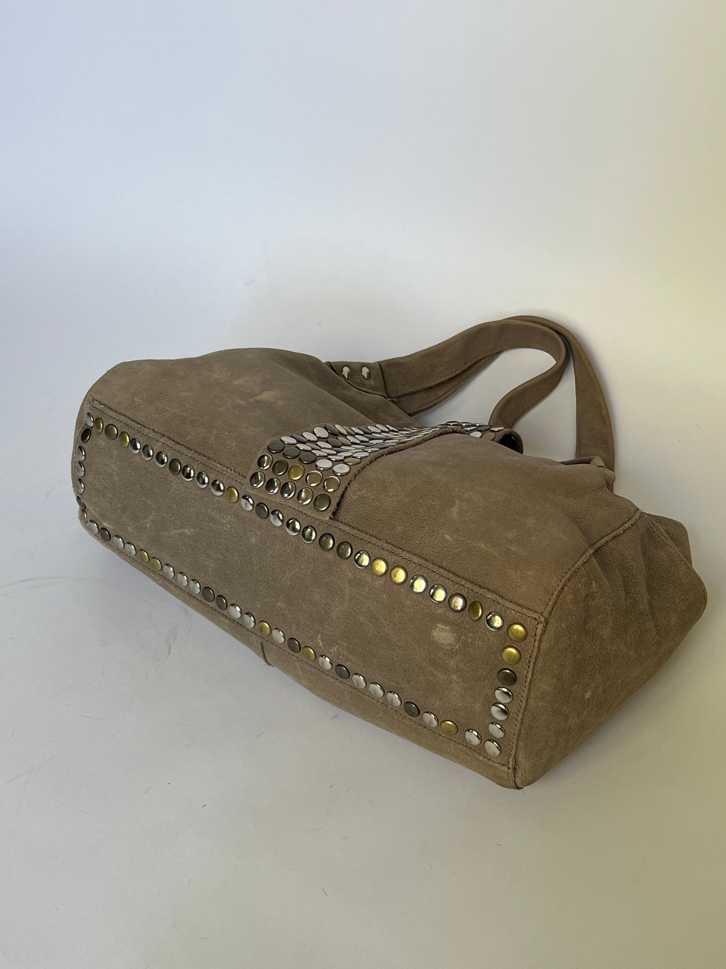 TRES Studded Leather Tote — Distressed Taupe