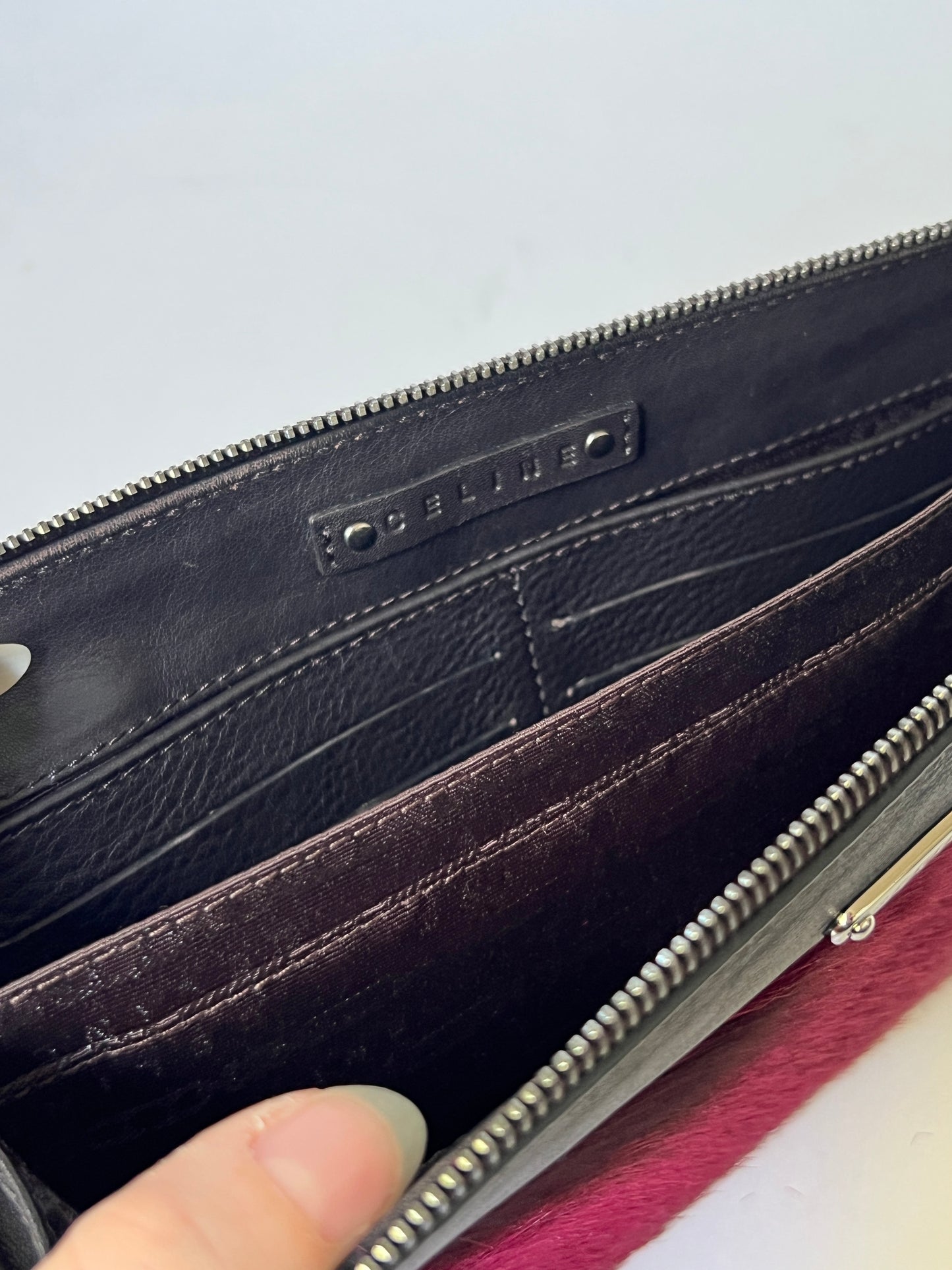 Céline Oxblood Pony Hair Clutch + Wallet