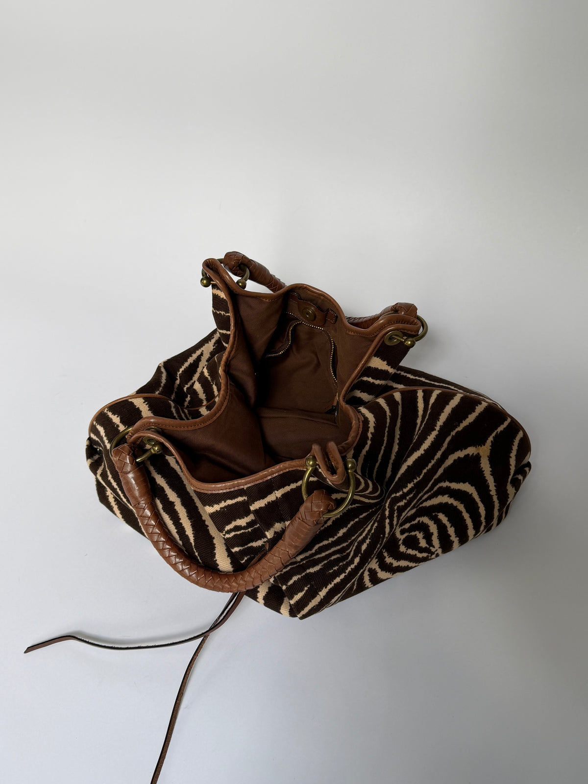 Zebra Print Canvas Hobo Bag with Woven Leather Handle