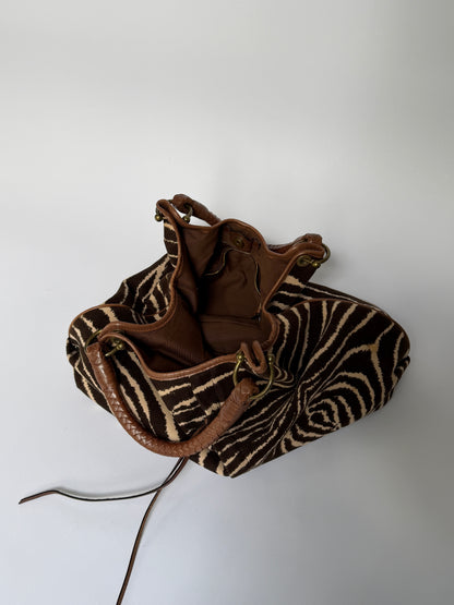 Zebra Print Canvas Hobo Bag with Woven Leather Handle