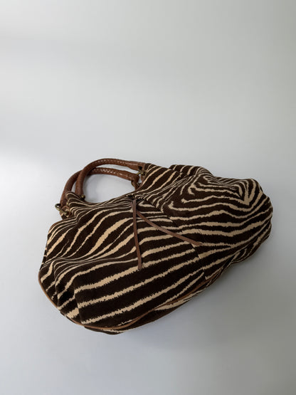 Zebra Print Canvas Hobo Bag with Woven Leather Handle