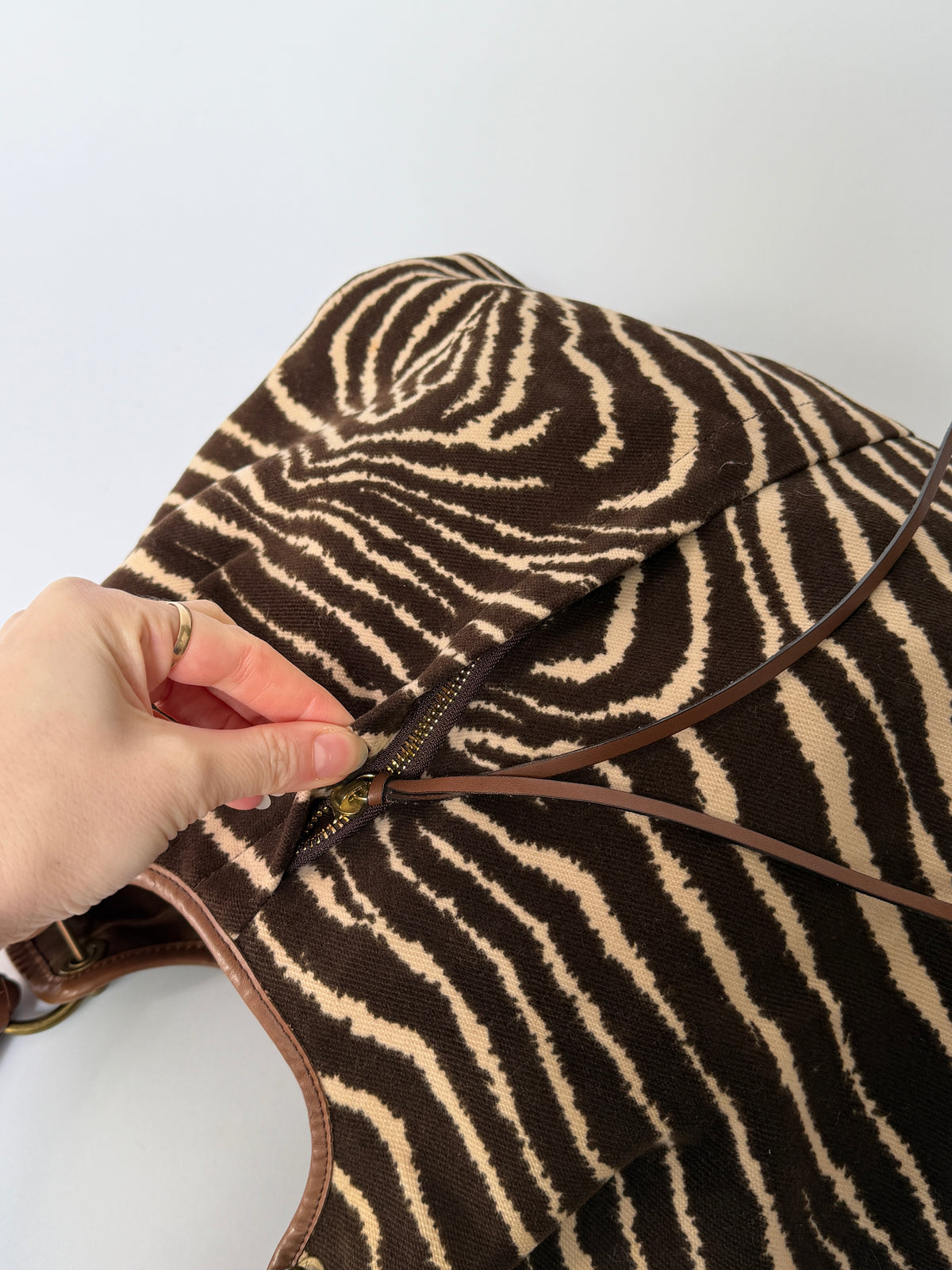 Zebra Print Canvas Hobo Bag with Woven Leather Handle