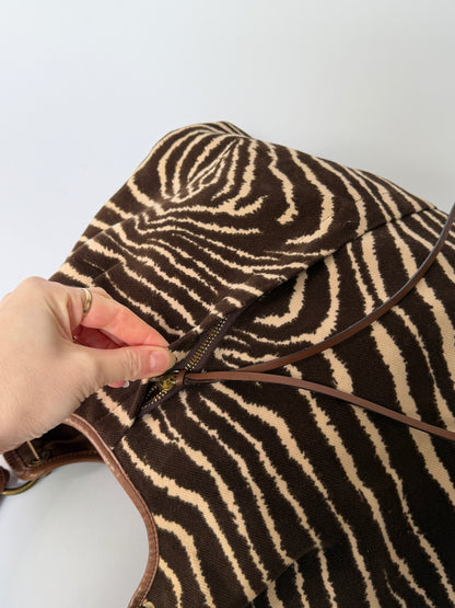 Zebra Print Canvas Hobo Bag with Woven Leather Handle