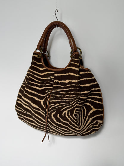 Zebra Print Canvas Hobo Bag with Woven Leather Handle