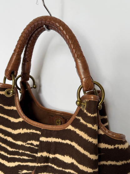 Zebra Print Canvas Hobo Bag with Woven Leather Handle