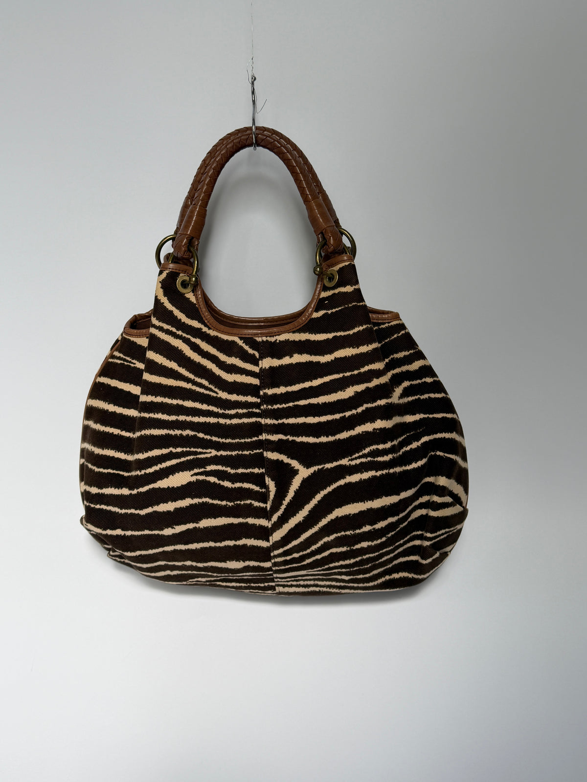 Zebra Print Canvas Hobo Bag with Woven Leather Handle