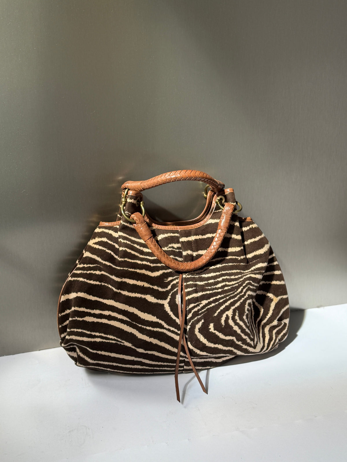 Zebra Print Canvas Hobo Bag with Woven Leather Handle