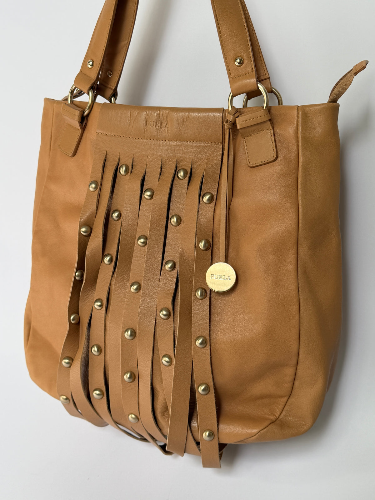 Furla Studded Fringe Leather Tote Bag