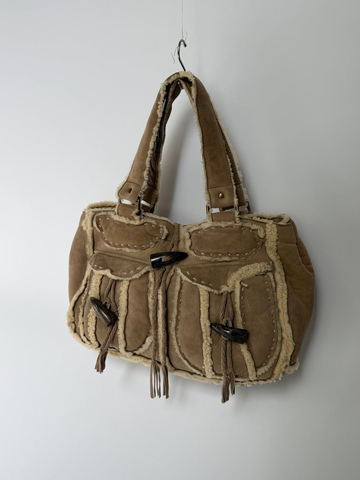 Mouton Shearling Tote Bag with Horn Toggles