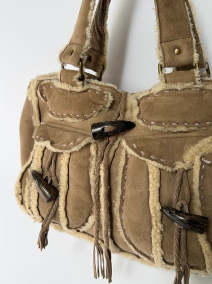 Mouton Shearling Tote Bag with Horn Toggles